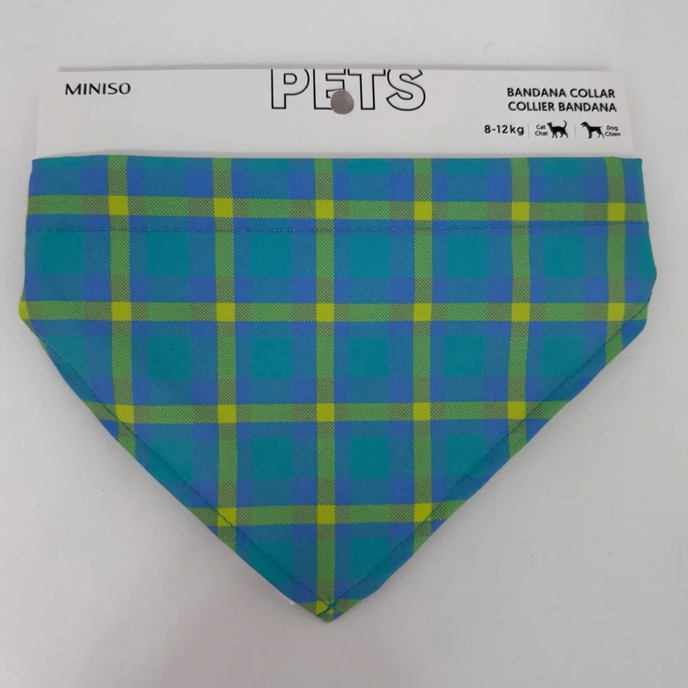 MINISO Pets Plaid Bandana Collar Blue Green 17-26 lb NWT